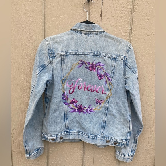 GAP Jackets & Blazers - GAP Denim Jacket Puff Sleeve Icon Light Wash Size Small “Forever” Floral Painted